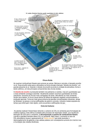 233
Chuva Ácida
Ao queimar combustíveis fósseis para acionar as usinas, fábricas e veículos, é lançado enxofre
no ar. Esse enxofre sobe para a atmosfera na forma de gás chamado “dióxido de enxofre”, um
grande poluente do ar. Quando o dióxido de enxofre se junta à umidade da atmosfera, forma o
ácido sulfúrico, um dos principais componentes das chuvas ácidas.
O dióxido de enxofre é produzido também nos pântanos e vulcões, mas em quantidades que
o meio ambiente consegue assimilar. Atualmente existem enormes quantidades de fontes
poluidoras, tornando as chuvas mais carregadas de ácido, dificultando ao meio ambiente
anular seus efeitos. A chuva causa danos às folhas de espécies vegetais comprometendo a
produção agrícola. Torna-se mais grave próxima às grandes concentrações industriais, atinge
as florestas, os peixes e corroe edificações de pedra e concreto, inclusive metais expostos ao
tempo que enferrujam mais rápido, como as pontes e edificações de aço.
Ciclo do Carbono
As plantas realizam fotossíntese retirando o carbono do CO2 do ambiente para formatação de
matéria orgânica. Esta última é oxidada pelo processo de respiração celular, que resulta em
liberação de CO2 para o ambiente. A decomposição e queima de combustíveis fósseis
(carvão e petróleo) também libera CO2 no ambiente. Além disso, o aumento no teor de
CO2 atmosférico causa o agravamento do "efeito estufa" que pode acarretar o
descongelamento de geleiras e das calotas polares com conseqüente aumento do nível do mar
e inundação das cidades litorâneas.
 