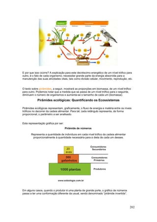 202
E por que isso ocorre? A explicação para este decréscimo energético de um nível trófico para
outro, é o fato de cada organismo; necessitar grande parte da energia absorvida para a
manutenção das suas atividades vitais, tais como divisão celular, movimento, reprodução, etc.
O texto sobre pirâmides, a seguir, mostrará as proporções em biomassa, de um nível trófico
para outro. Podemos notar que a medida que se passa de um nível trófico para o seguinte,
diminuem o número de organismos e aumenta-se o tamanho de cada um (biomassa).
Pirâmides ecológicas: Quantificando os Ecossistemas
Pirâmides ecológicas representam, graficamente, o fluxo de energia e matéria entre os níveis
tróficos no decorrer da cadeia alimentar. Para tal, cada retângulo representa, de forma
proporcional, o parâmetro a ser analisado.
Esta representação gráfica por ser:
Pirâmide de números
Representa a quantidade de indivíduos em cada nível trófico da cadeia alimentar
proporcionalmente à quantidade necessária para a dieta de cada um desses.
Em alguns casos, quando o produtor é uma planta de grande porte, o gráfico de números
passa a ter uma conformação diferente da usual, sendo denominado “pirâmide invertida”.
 