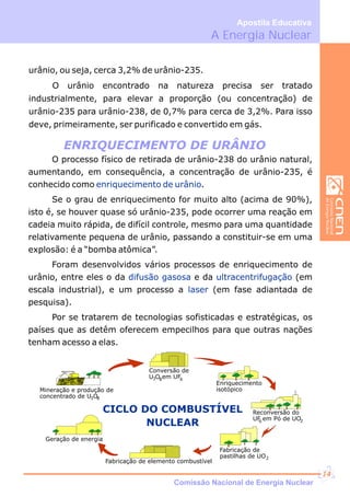 O urânio encontrado na natureza precisa ser tratado
industrialmente, para elevar a proporção (ou concentração) de
urânio-235 para urânio-238, de 0,7% para cerca de 3,2%. Para isso
deve, primeiramente, ser purificado e convertido em gás.
O processo físico de retirada de urânio-238 do urânio natural,
aumentando, em consequência, a concentração de urânio-235, é
conhecido como .
Se o grau de enriquecimento for muito alto (acima de 90%),
isto é, se houver quase só urânio-235, pode ocorrer uma reação em
cadeia muito rápida, de difícil controle, mesmo para uma quantidade
relativamente pequena de urânio, passando a constituir-se em uma
explosão: é a “bomba atômica”.
Foram desenvolvidos vários processos de enriquecimento de
urânio, entre eles o da e da (em
escala industrial), e um processo a (em fase adiantada de
pesquisa).
Por se tratarem de tecnologias sofisticadas e estratégicas, os
países que as detêm oferecem empecilhos para que outras nações
tenham acesso a elas.
enriquecimento de urânio
ultracentrifugação
laser
difusão gasosa
ENRIQUECIMENTO DE URÂNIO
Mineração e produção de
concentrado de U O3 8
Conversão de
U O em UF3 8 6
Fabricação de elemento combustível
Enriquecimento
isotópico
Reconversão do
UF em Pó de UO6 2
Fabricação de
pastilhas de UO2
Geração de energia
CICLO DO COMBUSTÍVEL
NUCLEAR
urânio, ou seja, cerca 3,2% de urânio-235.
A Energia Nuclear
Apostila Educativa
Comissão Nacional de Energia Nuclear
14
 
