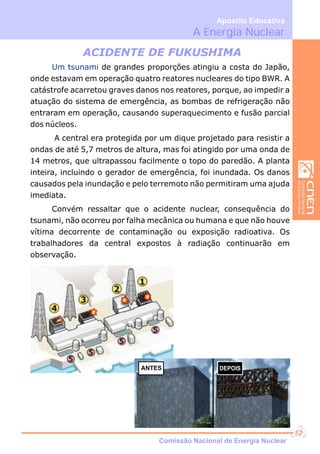 ACIDENTE DE FUKUSHIMA
Um tsunami de grandes proporções atingiu a costa do Japão,
onde estavam em operação quatro reatores nucleares do tipo BWR. A
catástrofe acarretou graves danos nos reatores, porque, ao impedir a
atuação do sistema de emergência, as bombas de refrigeração não
entraram em operação, causando superaquecimento e fusão parcial
dos núcleos.
A central era protegida por um dique projetado para resistir a
ondas de até 5,7 metros de altura, mas foi atingido por uma onda de
14 metros, que ultrapassou facilmente o topo do paredão. A planta
inteira, incluindo o gerador de emergência, foi inundada. Os danos
causados pela inundação e pelo terremoto não permitiram uma ajuda
imediata.
Convém ressaltar que o acidente nuclear, consequência do
tsunami, não ocorreu por falha mecânica ou humana e que não houve
vítima decorrente de contaminação ou exposição radioativa. Os
trabalhadores da central expostos à radiação continuarão em
observação.
ANTES DEPOIS
A Energia Nuclear
Apostila Educativa
Comissão Nacional de Energia Nuclear
52
 