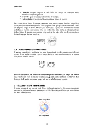 Eletricidade                             Maurício R.L.


                Direção: sempre tangente a cada linha de campo em qualquer ponto
               dentro do campo magnético;
                Sentido: igual ao da respectiva linha de campo;
                Intensidade: proporcional à densidade de linhas de campo.

Para construir as linhas de campo, podemos usar o conceito de domínio magnético.
Cada pequeno domínio magnético é um pequeno ímã, que podemos considerar como
um pequeno corpo de prova. Observe, na ilustração a seguir, que internamente ao ímã
as linhas de campo começam no pólo sul e vão até o pólo norte; e externamente ao
ímã as linhas de campo começam no pólo norte e vão até o pólo sul. Desse modo, as
linhas de campo fecham um ciclo.




2.1 – CAMPO MAGNÉTICO UNIFORME
O campo magnético é uniforme em uma determinada região quando, em todos os
pontos dessa região, o vetor campo magnético tem a mesma intensidade, a mesma
direção e o mesmo sentido.




Quando colocamos um ímã num campo magnético uniforme, as forças em ambos
os pólos ficam com a mesma intensidade, porém com sentidos contrários. Por
isso esse ímã tende, apenas, a girar, até que se alinhe com o campo.


3 – MAGNETISMO TERRESTRE
O nosso planeta é um imenso ímã. Sob a influência exclusiva do campo magnético
terrestre, a agulha da bússola aponta para o Pólo Norte (geográfico), que na realidade
é o pólo sul magnético.




                                          42
 
