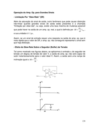 139
Operação do Amp. Op. para Grandes Sinais
- Limitação Por “Slew-Rate” (SR)
Além da saturação do sinal de saída, outro fenômeno que pode causar distorção
não-linear quando grandes sinais de saída estão presentes é a chamada
“limitação por slew-rate”, ou seja, existe uma taxa máxima de mudança possível
que pode haver na saída de um amp. op. real, a qual é definida por max
0
|
dt
dv
SR = ,
e sua unidade é sV µ/ .
Assim, se um sinal de entrada requer uma resposta na saída do amp. op. que é
mais rápida que o valor de SR, o amp. op. não conseguirá representar o sinal sem
que haja distorção.
- Efeito do Slew-Rate Sobre o Seguidor (Buffer) de Tensão
Tal como mostrado nas figuras abaixo, se aplicarmos à entrada vi do seguidor de
tensão um degrau de tensão de valor V, a saída do amp. op. não será capaz de
subir instantaneamente para o valor ideal V. Assim, a saída será uma rampa de
inclinação igual a
t
V
SR
∆
∆
= .
 