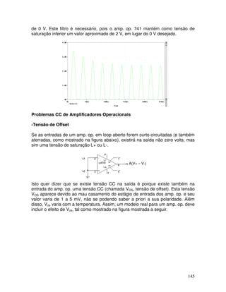 145
de 0 V. Este filtro é necessário, pois o amp. op. 741 mantém como tensão de
saturação inferior um valor aproximado de 2 V, em lugar do 0 V desejado.
Problemas CC de Amplificadores Operacionais
-Tensão de Offset
Se as entradas de um amp. op. em loop aberto forem curto-circuitadas (e também
aterradas, como mostrado na figura abaixo), existirá na saída não zero volts, mas
sim uma tensão de saturação L+ ou L-.
A(V+ – V-)
Isto quer dizer que se existe tensão CC na saída é porque existe também na
entrada do amp. op. uma tensão CC (chamada VOS, tensão de offset). Esta tensão
VOS aparece devido ao mau casamento do estágio de entrada dos amp. op. e seu
valor varia de 1 a 5 mV, não se podendo saber a priori a sua polaridade. Além
disso, Vos varia com a temperatura. Assim, um modelo real para um amp. op. deve
incluir o efeito de Vos, tal como mostrado na figura mostrada a seguir.
 
