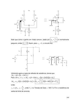 190
rµ
r0
Note que como o ganho em modo comum, (dado por
cm
c
cm
v
v
A 1
= ) é normalmente
pequeno, então, 01 ≈Cv . Assim, para 01 =Cv , o circuito fica:
rµ
rµ
r0
r0
Utilizando agora a regra de reflexão de resistência, temos que
( )( )0//212 rRrR eid ++= β
Para ( ) ( )[ ] ( )[ ]000 1//21//212//2 rRrRRrrR ide ++=+≅⇒>> βββ
( )[ ] ( )[ ]⇒++≅ 01//21//2 rRrRicm ββµ ( )[ ] ( ) 


 ++





≅
2
1//1//
2
0r
R
r
Ricm ββ
µ
onde:
0.rr βµ >> ,
C
A
I
V
r =0 , onde AV é a Tensão de Early = 100 V e R é a resistência de
saída da fonte de corrente.
 
