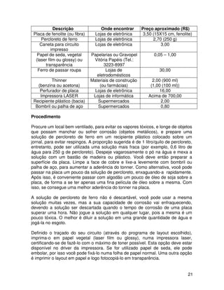 21
Descrição Onde encontrar Preço aproximado (R$)
Placa de fenolite (ou fibra) Lojas de eletrônica 3,50 (15X15 cm, fenolite)
Percloreto de ferro Lojas de eletrônica 2,70 (250 g)
Caneta para circuito
impresso
Lojas de eletrônica 3,00
Papel de seda, vegetal
(laser film ou glossy) ou
transparência
Papelarias ou Gravopel
Vitória Papéis (Tel.:
3223-8997
0,05 – 1,00
Ferro de passar roupa Lojas de
eletrodomésticos
30,00
Thinner
(benzina ou acetona)
Materiais de construção
(ou farmácias)
2,00 (900 ml)
(1,00 (100 ml))
Perfurador de placa Lojas de eletrônica 16,00
Impressora LASER Lojas de informática Acima de 700,00
Recipiente plástico (bacia) Supermercados 2,00
Bombril ou palha de aço Supermercados 0,80
Procedimento
Procure um local bem ventilado, para evitar os vapores tóxicos, e longe de objetos
que possam manchar ou sofrer corrosão (objetos metálicos), e prepare uma
solução de percloreto de ferro em um recipiente plástico colocado sobre um
jornal, para evitar respingos. A proporção sugerida é de 1 litro/quilo de percloreto,
entretanto, pode ser utilizada uma solução mais fraca (por exemplo, 0,6 litro de
água para 250 g de percloreto). Despeje vagarosamente o pó na água e mexa a
solução com um bastão de madeira ou plástico. Você deve então preparar a
superfície da placa. Limpe a face de cobre e lixe-a levemente com bombril ou
palha de aço, para aumentar a aderência do tonner. Como alternativa, você pode
passar na placa um pouco da solução de percloreto, enxaguando-a rapidamente.
Após isso, é conveniente passar com algodão um pouco de óleo de soja sobre a
placa, de forma a se ter apenas uma fina película de óleo sobre a mesma. Com
isso, se consegue uma melhor aderência do tonner na placa.
A solução de percloreto de ferro não é descartável, você pode usar a mesma
solução muitas vezes, mas a sua capacidade de corrosão vai enfraquecendo,
devendo a solução ser descartada quando o tempo de corrosão de uma placa
superar uma hora. Não jogue a solução em qualquer lugar, pois a mesma é um
pouco tóxica. O melhor é diluir a solução em uma grande quantidade de água e
jogá-la no esgoto.
Definido o traçado do seu circuito (através do programa de layout escolhido),
imprima-o em papel vegetal (laser film ou glossy), numa impressora laser,
certificando-se de fazê-lo com o máximo de toner possível. Esta opção deve estar
disponível no driver da impressora. Se for utilizado papel de seda, ele pode
embolar, por isso você pode fixá-lo numa folha de papel normal. Uma outra opção
é imprimir o layout em papel e logo fotocopiá-lo em transparência.
 