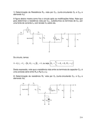 214
1) Determinação da Resistência RC1 vista por CC1 (curto-circuitando CE e CC2 e
aterrando VS)
A figura abaixo mostra como fica o circuito após as modificações feitas. Note que
para determinar a resistência vista por CC1, substituímos os terminais de CC1 por
uma fonte de corrente IX, com tensão VX sobre ela.
gmvπ
rπ vπ r0
CE
rx
Do circuito, temos:
( )[ ] 0//0 =+−+− XxbXXS IrrRVIR π , ou seja, ( )πrrRR
I
V
R xbS
X
X
C ++== //1
Desta expressão, note que a resistência vista entre os terminais do capacitor CC1 é
uma conexão série entre RS e RB//(rx+rπ).
2) Determinação da resistência RE’ vista por Ce (curto-circuitando CC1 e CC2 e
aterrando Vs)
rx
rπ vπ
gmvπ
r0
 