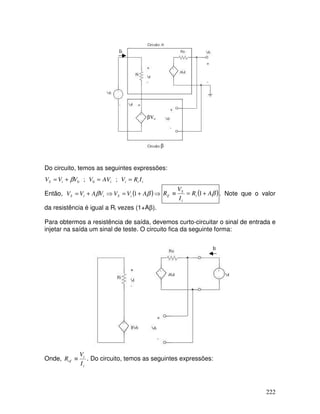 222
Ii
βVo
β
Do circuito, temos as seguintes expressões:
iiiiiS IRVAVVVVV ==+= ;; 00β
Então, ( )⇒+=⇒+= ββ AVVVAVV iSiiS 1 ( )βAR
I
V
R i
i
S
if +=≡ 1 . Note que o valor
da resistência é igual a Ri vezes (1+Aβ).
Para obtermos a resistência de saída, devemos curto-circuitar o sinal de entrada e
injetar na saída um sinal de teste. O circuito fica da seguinte forma:
It
Onde,
t
t
of
I
V
R ≡ . Do circuito, temos as seguintes expressões:
 