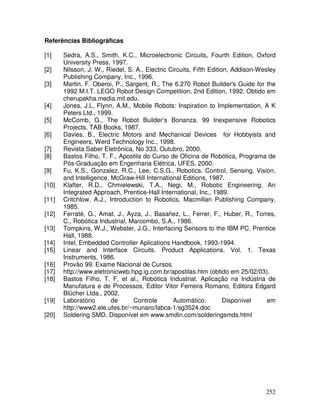 252
Referências Bibliográficas
[1] Sedra, A.S., Smith, K.C., Microelectronic Circuits, Fourth Edition, Oxford
University Press, 1997.
[2] Nilsson, J. W., Riedel, S. A., Electric Circuits, Fifth Edition, Addison-Wesley
Publishing Company, Inc., 1996.
[3] Martin, F. Oberoi, P., Sargent, R., The 6.270 Robot Builder's Guide for the
1992 M.I.T. LEGO Robot Design Competition, 2nd Edition, 1992. Obtido em
cherupakha.media.mit.edu.
[4] Jones, J.L, Flynn, A.M., Mobile Robots: Inspiration to Implementation, A K
Peters Ltd., 1999.
[5] McComb, G., The Robot Builder’s Bonanza. 99 Inexpensive Robotics
Projects, TAB Books, 1987.
[6] Davies, B., Electric Motors and Mechanical Devices for Hobbyists and
Engineers, Werd Technology Inc., 1998.
[7] Revista Saber Eletrônica, No 333, Outubro, 2000.
[8] Bastos Filho, T. F., Apostila do Curso de Oficina de Robótica, Programa de
Pós-Graduação em Engenharia Elétrica, UFES, 2000.
[9] Fu, K.S., Gonzalez, R.C., Lee, C.S.G., Robotics. Control, Sensing, Vision,
and Intelligence, McGraw-Hill International Editions, 1987.
[10] Klafter, R.D., Chmielewski, T.A., Negi, M., Robotic Engineering. An
Integrated Approach, Prentice-Hall International, Inc., 1989.
[11] Critchlow, A.J., Introduction to Robotics, Macmillan Publishing Company,
1985.
[12] Ferraté, G., Amat, J., Ayza, J., Basañez, L., Ferrer, F., Huber, R., Torres,
C., Robótica Industrial, Marcombo, S.A., 1986.
[13] Tompkins, W.J., Webster, J.G., Interfacing Sensors to the IBM PC, Prentice
Hall, 1988.
[14] Intel, Embedded Controller Aplications Handbook, 1993-1994.
[15] Linear and Interface Circuits. Product Applications. Vol. 1. Texas
Instruments, 1986.
[16] Provão 99. Exame Nacional de Cursos.
[17] http://www.eletronicweb.hpg.ig.com.br/apostilas.htm (obtido em 25/02/03).
[18] Bastos Filho, T. F. et al., Robótica Industrial. Aplicação na Indústria de
Manufatura e de Processos, Editor Vitor Ferreira Romano, Editora Edgard
Blücher Ltda., 2002.
[19] Laboratório de Controle Automático. Disponível em
http://www2.ele.ufes.br/~munaro/labca-1/sg3524.doc
[20] Soldering SMD. Disponível em www.smdin.com/solderingsmds.html
 
