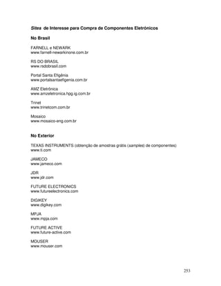 253
Sites de Interesse para Compra de Componentes Eletrônicos
No Brasil
FARNELL e NEWARK
www.farnell-newarkinone.com.br
RS DO BRASIL
www.rsdobrasil.com
Portal Santa Efigênia
www.portalsantaefigenia.com.br
AMZ Eletrônica
www.amzeletronica.hpg.ig.com.br
Trinet
www.trinetcom.com.br
Mosaico
www.mosaico-eng.com.br
No Exterior
TEXAS INSTRUMENTS (obtenção de amostras grátis (samples) de componentes)
www.ti.com
JAMECO
www.jameco.com
JDR
www.jdr.com
FUTURE ELECTRONICS
www.futureelectronics.com
DIGIKEY
www.digikey.com
MPJA
www.mpja.com
FUTURE ACTIVE
www.future-active.com
MOUSER
www.mouser.com
 