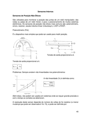 40
Sensores Internos
Sensores de Posição Não-Óticos
São utilizados para monitorar a posição das juntas de um robô manipulador, das
rodas ou patas de um robô móvel, e para o posicionamento de muitos sistemas
eletrônicos. Os sensores de posição não-óticos mais comuns são: potenciômetro,
sincro, resolver, escala indutiva linear (inductosyn), LVDT e RVDT.
Potenciômetro (Pot):
É o dispositivo mais simples que pode ser usado para medir posição.
Tensão de saída proporcional a d.
Tensão de saída proporcional a θ.
S0 V
R
r
V ⋅=
Problemas: Sempre existem não-linearidades nos potenciômetros:
A não linearidade (%) é definida como:
.máxV
100
.L.N
ε
=
Além disso, não podem ser usados em sistemas onde se requer grande precisão e
com o tempo os contatos se deterioram.
A resolução deste sensor depende do número de voltas do fio resistivo (a menor
mudança que pode ser observada é Vs / N), e pode ser definida por:
 