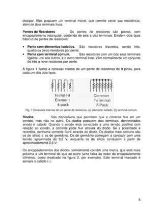 5
dissipar. Eles possuem um terminal móvel, que permite variar sua resistência,
além de dois terminais fixos.
Pentes de Resistores Os pentes de resistores são planos, com
encapsulamento retangular, contendo de seis a dez terminais. Existem dois tipos
básicos de pentes de resistores:
• Pente com elementos isolados. São resistores discretos, sendo três,
quatro ou cinco resistores por pente.
• Pente com terminal comum. São resistores com um dos seus terminais
ligados uns aos outros, e o outro terminal livre. Vêm normalmente em conjunto
de três a nove resistores por pente.
A figura 1 ilustra a conexão interna de um pente de resistores de 8 pinos, para
cada um dos dois tipos.
Fig. 1 Conexões internas de um pente de resistores: (a) elemento isolado; (b) terminal comum.
Diodos São dispositivos que permitem que a corrente flua em um
sentido, mas não no outro. Os diodos possuem dois terminais, denominados
anodo e catodo. Quando o anodo está conectado a uma tensão positiva com
relação ao catodo, a corrente pode fluir através do diodo. Se a polaridade é
revertida, nenhuma corrente fluirá através do diodo. Os diodos mais comuns são
os de silício e os de germânio. Os de germânio começam a conduzir com uma
tensão aproximada de 0,2 V, enquanto os de silício conduzem a partir de
aproximadamente 0,6 V.
Os encapsulamentos dos diodos normalmente contêm uma marca, que está mais
próxima a um terminal do que ao outro (uma faixa ao redor do encapsulamento
cilíndrico, como mostrado na figura 2, por exemplo). Este terminal marcado é
sempre o catodo (-).
 