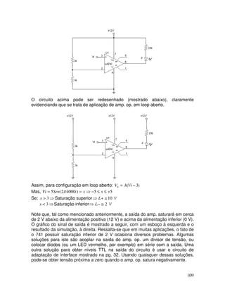 109
O circuito acima pode ser redesenhado (mostrado abaixo), claramente
evidenciando que se trata de aplicação de amp. op. em loop aberto.
Assim, para configuração em loop aberto: )3(0 −= ViAV
Mas, 55)40002(5 +≤≤−⇒== xxtSenVi π
Se: ⇒> 3x Saturação superior VL 10≅+⇒
⇒< 3x Saturação inferior VL 2≅−⇒
Note que, tal como mencionado anteriormente, a saída do amp. saturará em cerca
de 2 V abaixo da alimentação positiva (12 V) e acima da alimentação inferior (0 V).
O gráfico do sinal de saída é mostrado a seguir, com um esboço à esquerda e o
resultado da simulação, à direita. Ressalta-se que em muitas aplicações, o fato de
o 741 possuir saturação inferior de 2 V ocasiona diversos problemas. Algumas
soluções para isto são acoplar na saída do amp. op. um divisor de tensão, ou
colocar diodos (ou um LED vermelho, por exemplo) em série com a saída. Uma
outra solução para obter níveis TTL na saída do circuito é usar o circuito de
adaptação de interface mostrado na pg. 32. Usando quaisquer dessas soluções,
pode-se obter tensão próxima a zero quando o amp. op. satura negativamente.
 