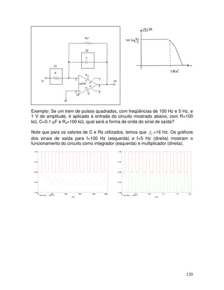 120
1/RsC
Exemplo: Se um trem de pulsos quadrados, com freqüências de 100 Hz e 5 Hz, e
1 V de amplitude, é aplicado à entrada do circuito mostrado abaixo, com R=100
kΩ, C=0.1 µF e Rs=100 kΩ, qual será a forma de onda do sinal de saída?
Note que para os valores de C e Rs utilizados, temos que Sf =16 Hz. Os gráficos
dos sinais de saída para f=100 Hz (esquerda) e f=5 Hz (direita) mostram o
funcionamento do circuito como integrador (esquerda) e multiplicador (direita).
 