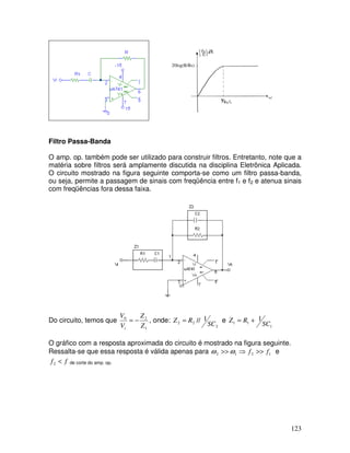 123
20log(R/Rs)
Filtro Passa-Banda
O amp. op. também pode ser utilizado para construir filtros. Entretanto, note que a
matéria sobre filtros será amplamente discutida na disciplina Eletrônica Aplicada.
O circuito mostrado na figura seguinte comporta-se como um filtro passa-banda,
ou seja, permite a passagem de sinais com freqüência entre f1 e f2 e atenua sinais
com freqüências fora dessa faixa.
Do circuito, temos que
1
20
Z
Z
V
V
i
−= , onde:
2
22
1//
SC
RZ = e
1
11
1
SC
RZ +=
O gráfico com a resposta aproximada do circuito é mostrado na figura seguinte.
Ressalta-se que essa resposta é válida apenas para 1212 ff >>⇒>> ωω e
ff <2 de corte do amp. op.
 