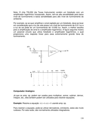 130
Nota: O chip TSL250 (da Texas Instruments) contém um fotodiodo com um
amplificador logarítmico incorporado. Assim, tem-se alta sensibilidade para baixo
nível de iluminamento e baixa sensibilidade para alto nível de iluminamento do
ambiente.
Por exemplo, se se quer amplificar o sinal captado por um fotodiodo, deve-se levar
em consideração que a luz de vela possui um nível de iluminamento de 0,01 lux e
a luz do sol pode ter um iluminamento de 10.000 lux. Assim, a melhor escolha
para a amplificação do sinal é o amplificador logarítmico. A figura seguinte mostra
um possível circuito que utiliza fotodiodo e amplificador logarítimico, o qual
proporciona uma resposta linear para essa extremamente grande faixa de
iluminamento.
Computador Analógico
Já que os amp. op. podem ser usados para multiplicar, somar, subtrair, derivar,
integrar, etc., eles também podem ser utilizados para resolver equações.
Exemplo: Resolva a equação 0)(.)(
..
=+ tvktv usando amp. op.
Para resolver a equação, pode-se utilizar derivadores, entretanto, estes são muito
ruidosos. Por esta razão, são normalmente utilizados integradores.
 