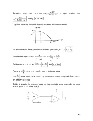 160
Também, note que
)1(
..
0
µ
µ
ωωω
+
=⇒=
RC
GR
A m
tbt , o que implica que
)1(2
..
µπ
µ
+
=
RC
GR
f m
t , ou seja, MHzft 1= .
O gráfico mostrado na figura seguinte ilustra os parâmetros obtidos.
Pode-se observar das expressões anteriores que como ⇒>> 1µ
C
Gm
t ≅ω
Note também que como
s
A
s
A
A
s
A
A
b
b
b
b
b
+
=
+
=⇒
+
=
ω
ω
ω
ω
ω
000
1
Então para ⇒≅⇒>>
s
A
A b
b
ω
ωω 0
s
A tω
≈ , pois bt A ωω 0= .
Como
C
Gm
t ≅ω para 1>>µ , então para 1>>µ e bωω >>
Cs
G
A m
.
≅ , o que mostra que o amp. op. atua como integrador quando funcionando
em altas frequências.
Então, o circuito do amp. op. pode ser representado como mostrado na figura
abaixo (para 1>>µ e bωω >> ).
 