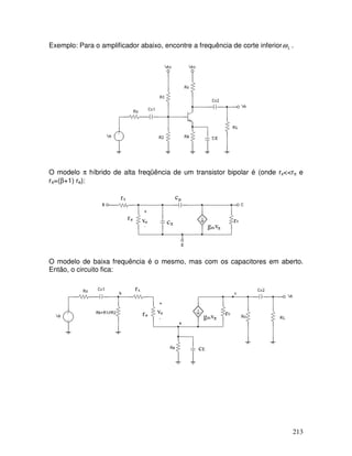213
Exemplo: Para o amplificador abaixo, encontre a frequência de corte inferior Lω .
O modelo π híbrido de alta freqüência de um transistor bipolar é (onde rx<<rπ e
rπ=(β+1) re):
rx
rπ vπ r0
gmvπ
cπ
cµ
O modelo de baixa frequência é o mesmo, mas com os capacitores em aberto.
Então, o circuito fica:
rx
rπ
vπ r0
gmvπ
cE
 