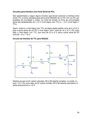 36
Circuitos para Interface com Porta Serial de PCs
São apresentados a seguir alguns circuitos que tornam possível a interface entre
sinais TTL e sinais utilizados pela porta serial RS232C de um PC. Em um PC, por
questões de imunidade a ruídos, os níveis de tensão na linha de comunicação
serial são estabelecidos em +12 V (nível lógico zero TTL) e – 12 V (nível lógico 1
TTL).
Assim, embora o nível lógico zero TTL da lógica digital padrão varie de 0 a 0,4 V,
para a porta serial de um PC o nível lógico “zero” varia de 10 a 12 V. Por outro
lado, o nível lógico “um” TTL, que varia de 2,5 a 5 V, para a porta serial do PC
varia de –12 a – 10 V.
Circuito de Interface de TTL para RS232C
Destaca-se que se Q1 estiver saturado, Q2 e Q3 estarão cortados, e a saída, V0,
será –12 V. Por outro lado, se Q1 estiver cortado, Q2 e Q3 estarão saturados e a
saída será próxima a +12 V.
 