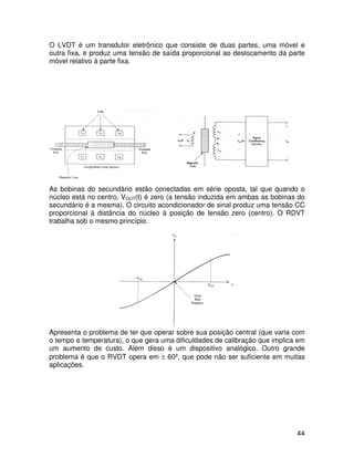 44
O LVDT é um transdutor eletrônico que consiste de duas partes, uma móvel e
outra fixa, e produz uma tensão de saída proporcional ao deslocamento da parte
móvel relativo à parte fixa.
As bobinas do secundário estão conectadas em série oposta, tal que quando o
núcleo está no centro, VOUT(t) é zero (a tensão induzida em ambas as bobinas do
secundário é a mesma). O circuito acondicionador de sinal produz uma tensão CC
proporcional à distância do núcleo à posição de tensão zero (centro). O RDVT
trabalha sob o mesmo princípio.
Apresenta o problema de ter que operar sobre sua posição central (que varia com
o tempo e temperatura), o que gera uma dificuldades de calibração que implica em
um aumento de custo. Além disso é um dispositivo analógico. Outro grande
problema é que o RVDT opera em ± 60º, que pode não ser suficiente em muitas
aplicações.
 