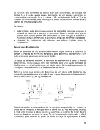 75
Se nenhum dos elementos do sensor tiver sido pressionado, as tensões nos
pontos A e B serão quase iguais. Entretanto, se um desses elementos for
pressionado (por exemplo, linha 1, coluna 1), R11 será diferente de R12 e VA e VB
também serão diferentes; esta informação é então convertida em formato binário
usando-se circuitos apropriados.
Problemas:
• Vida limitada: após determinado número de operações (algumas centenas) o
material se deteriora e começa a romper-se. Quando usado para agarrar
objetos com pontas, podem ser danificados. A única solução é substituir o
material de tempos em tempos, o que implica em perda de tempo no processo
• Histerese: As resistências não retornam aos valores originais antes da
compressão.
Sensores de Deslizamento
Todos os sensores de tato apresentados medem forças normais à superfície do
sensor. A medida de movimento tangencial para determinar deslizamento é um
outro importante aspecto do sensoriamento tátil.
De todos os sensores externos, a detecção de deslizamento é talvez a menos
desenvolvida. Muita pesquisa tem sido realizada para uma rápida detecção de
deslizamento, e, consequentemente, um ajuste rápido da força de agarramento de
um objeto, impedindo assim que o objeto caia e se rompa.
Talvez a forma mais simples de determinar se um objeto está deslizando (ou
tenha sido apropriadamente agarrado) é usar o que é freqüentemente denominado
técnica de Lift-and-Try (ver figura seguinte).
Esta técnica utiliza a corrente do motor de uma junta em particular ou conjunto de
juntas de um robô para a medição de se o objeto está ou não deslizando. Quando
o robô tenta levantar o objeto desde a superfície, a corrente do motor deveria
aumentar devido ao aumento de carga. Se nenhum aumento é detectado, o robô é
comandado para retornar ao ponto de início. A força de agarramento é então
 