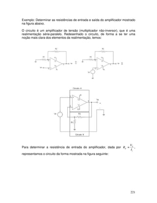 221
Exemplo: Determinar as resistências de entrada e saída do amplificador mostrado
na figura abaixo.
O circuito é um amplificador de tensão (multiplicador não-inversor), que é uma
realimentação série-paralelo. Redesenhado o circuito, de forma a se ter uma
noção mais clara dos elementos da realimentação, temos:
Para determinar a resistência de entrada do amplificador, dada por
i
S
if
I
V
R ≡ ,
representamos o circuito da forma mostrada na figura seguinte:
 