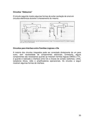 30
Circuitos “Debounce”
O circuito seguinte mostra algumas formas de evitar oscilação de sinal em
circuitos eletrônicos durante o chaveamento do mesmo.
Circuitos para Interface entre Famílias Lógicas e CIs
A maioria dos circuitos integrados pode ser conectado diretamente de um para
outro, sem necessidade de componentes adicionais. Entretanto, alguns
componentes são necessários quando se mesclam famílias lógicas CMOS e TTL,
e quando é realizada a interface entre CIs e chaves de contato (switches), LEDs,
isoladores óticos, relés e amplificadores operacionais. Os circuitos a seguir
mostram algumas formas de interface.
 