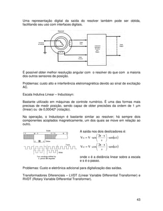 43
Uma representação digital da saída do resolver também pode ser obtida,
facilitando seu uso com interfaces digitais.
É possível obter melhor resolução angular com o resolver do que com a maioria
dos outros sensores de posição.
Problemas: custo alto e interferência eletromagnética devido ao sinal de excitação
AC.
Escala Indutiva Linear – Inductosyn:
Bastante utilizado em máquinas de controle numérico. É uma das formas mais
precisas de medir posição, sendo capaz de obter precisões da ordem de 1 µm
(linear) ou de 0,00042º (rotação).
Na operação, o Inductosyn é bastante similar ao resolver; há sempre dois
componentes acoplados magneticamente, um dos quais se move em relação ao
outro.
A saída nos dois deslizadores é:
( )
t
ω
sen
x
π
2
sen
V
VS1 ⋅





 ⋅
⋅
=
s
( )
t
ω
sen
x
π
2
cos
V
VS2 ⋅





 ⋅
⋅
=
s
onde x é a distância linear sobre a escala
e s é o passo.
Problemas: Custo e eletrônica adicional para digitalização das saídas.
Transformadores Diferenciais – LVDT (Linear Variable Differential Transformer) e
RVDT (Rotary Variable Differential Transformer).
 
