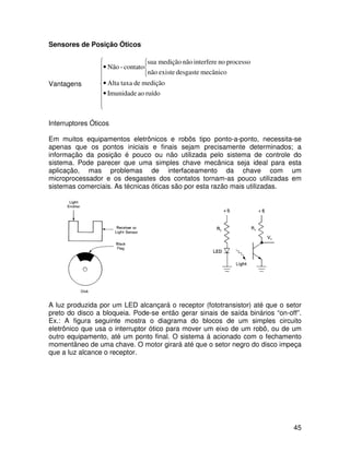 45
Sensores de Posição Óticos
Vantagens
Interruptores Óticos
Em muitos equipamentos eletrônicos e robôs tipo ponto-a-ponto, necessita-se
apenas que os pontos iniciais e finais sejam precisamente determinados; a
informação da posição é pouco ou não utilizada pelo sistema de controle do
sistema. Pode parecer que uma simples chave mecânica seja ideal para esta
aplicação, mas problemas de interfaceamento da chave com um
microprocessador e os desgastes dos contatos tornam-as pouco utilizadas em
sistemas comerciais. As técnicas óticas são por esta razão mais utilizadas.
A luz produzida por um LED alcançará o receptor (fototransistor) até que o setor
preto do disco a bloqueia. Pode-se então gerar sinais de saída binários “on-off”.
Ex.: A figura seguinte mostra o diagrama do blocos de um simples circuito
eletrônico que usa o interruptor ótico para mover um eixo de um robô, ou de um
outro equipamento, até um ponto final. O sistema á acionado com o fechamento
momentâneo de uma chave. O motor girará até que o setor negro do disco impeça
que a luz alcance o receptor.









•
•



•
ruído
ao
Imunidade
medição
de
taxa
Alta
mecânico
desgaste
existe
não
processo
no
interfere
não
medição
sua
contato
-
Não
 