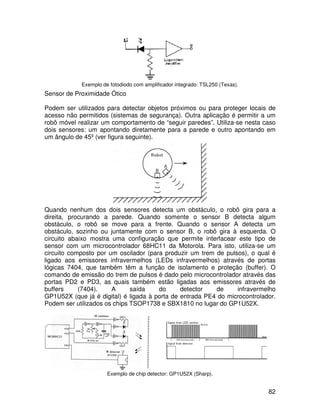 82
Exemplo de fotodiodo com amplificador integrado: TSL250 (Texas).
Sensor de Proximidade Ótico
Podem ser utilizados para detectar objetos próximos ou para proteger locais de
acesso não permitidos (sistemas de segurança). Outra aplicação é permitir a um
robô móvel realizar um comportamento de “seguir paredes”. Utiliza-se nesta caso
dois sensores: um apontando diretamente para a parede e outro apontando em
um ângulo de 45º (ver figura seguinte).
Quando nenhum dos dois sensores detecta um obstáculo, o robô gira para a
direita, procurando a parede. Quando somente o sensor B detecta algum
obstáculo, o robô se move para a frente. Quando o sensor A detecta um
obstáculo, sozinho ou juntamente com o sensor B, o robô gira à esquerda. O
circuito abaixo mostra uma configuração que permite interfacear este tipo de
sensor com um microcontrolador 68HC11 da Motorola. Para isto, utiliza-se um
circuito composto por um oscilador (para produzir um trem de pulsos), o qual é
ligado aos emissores infravermelhos (LEDs infravermelhos) através de portas
lógicas 7404, que também têm a função de isolamento e proteção (buffer). O
comando de emissão do trem de pulsos é dado pelo microcontrolador através das
portas PD2 e PD3, as quais também estão ligadas aos emissores através de
buffers (7404). A saída do detector de infravermelho
GP1U52X (que já é digital) é ligada à porta de entrada PE4 do microcontrolador.
Podem ser utilizados os chips TSOP1738 e SBX1810 no lugar do GP1U52X.
Exemplo de chip detector: GP1U52X (Sharp).
 