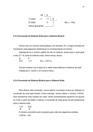 12
2.3.3 Conversão do Sistema Octal para o Sistema Binário
Vamos usar um número octal qualquer, por exemplo, 278. A regra consiste em
transformar cada algarismo diretamente no correspondente em binário,
respeitando-se o número padrão de bits do sistema, sendo para o octal igual
a três (23
= 8, base do sistema octal). Assim sendo, temos:
Convém lembrar que a regra só é válida entre sistemas numéricos de base
múltipla de 2n
, sendo n um número inteiro.
2.3.4 Conversão do Sistema Binário para o Sistema Octal
Para efetuar esta conversão, vamos aplicar o processo inverso ao utilizado na
conversão de octal para binário. Como exemplo, vamos utilizar o número 1100102.
Para transformar este número em octal, vamos primeiramente separá-lo em grupos
de 3 bits a partir da direita, e efetuar a conversão de cada grupo de bits diretamente
para o sistema octal:
O número convertido será composto pela união dos algarismos obtidos.
1100102 = 628
 