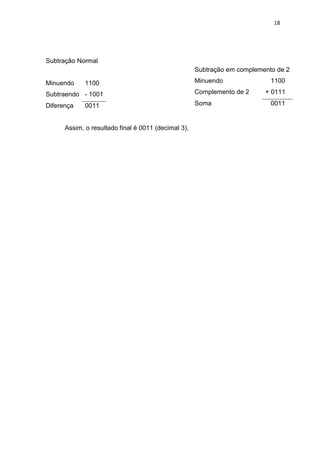 18




Subtração Normal
                                                     Subtração em complemento de 2

Minuendo     1100                                    Minuendo               1100

Subtraendo - 1001                                    Complemento de 2     + 0111

Diferença    0011                                    Soma                   0011


      Assim, o resultado final é 0011 (decimal 3).
 