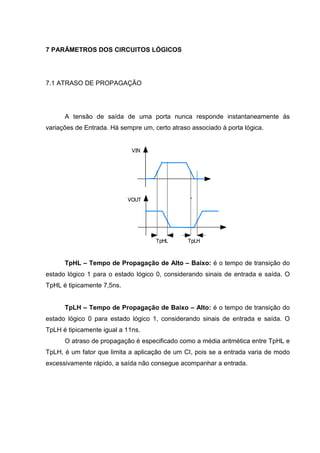 7 PARÂMETROS DOS CIRCUITOS LÓGICOS




7.1 ATRASO DE PROPAGAÇÃO




      A tensão de saída de uma porta nunca responde instantaneamente às
variações de Entrada. Há sempre um, certo atraso associado à porta lógica.


                             VIN




                            VOUT




                                     TpHL       TpLH



      TpHL – Tempo de Propagação de Alto – Baixo: é o tempo de transição do
estado lógico 1 para o estado lógico 0, considerando sinais de entrada e saída. O
TpHL é tipicamente 7,5ns.


      TpLH – Tempo de Propagação de Baixo – Alto: é o tempo de transição do
estado lógico 0 para estado lógico 1, considerando sinais de entrada e saída. O
TpLH é tipicamente igual a 11ns.
      O atraso de propagação é especificado como a média aritmética entre TpHL e
TpLH, é um fator que limita a aplicação de um CI, pois se a entrada varia de modo
excessivamente rápido, a saída não consegue acompanhar a entrada.
 