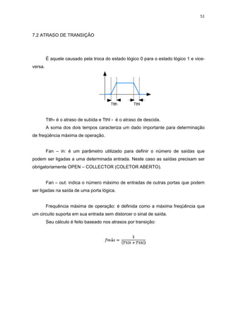 51



7.2 ATRASO DE TRANSIÇÃO




         É aquele causado pela troca do estado lógico 0 para o estado lógico 1 e vice-
versa.




                                         Ttlh        Tthl



         Ttlh- é o atraso de subida e Tthl - é o atraso de descida.
         A soma dos dois tempos caracteriza um dado importante para determinação
de freqüência máxima de operação.


         Fan – in: é um parâmetro utilizado para definir o número de saídas que
podem ser ligadas a uma determinada entrada. Neste caso as saídas precisam ser
obrigatoriamente OPEN – COLLECTOR (COLETOR ABERTO).


         Fan – out: indica o número máximo de entradas de outras portas que podem
ser ligadas na saída de uma porta lógica.


         Frequência máxima de operação: é definida como a máxima freqüência que
um circuito suporta em sua entrada sem distorcer o sinal de saída.
         Seu cálculo é feito baseado nos atrasos por transição:
 