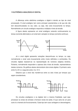 1 ELETRÔNICA ANALÓGICA E DIGITAL




      A diferença entre eletrônica analógica e digital é devido ao tipo de sinal
processado. O sinal analógico tem como principal característica a de que ele não
tem descontinuidades no seu valor, ou seja, não varia bruscamente no tempo.
Normalmente um circuito analógico responde a múltiplos níveis de tensão.
      A figura abaixo apresenta um sinal analógico variando continuamente no
tempo (corrente alternada) e um sinal sem variação no tempo (corrente contínua).




      Já o sinal digital apresenta variações descontínuas no tempo, ou seja,
normalmente o sinal varia bruscamente entre níveis definidos e conhecidos. Os
circuitos digitais baseiam-se na representação de números (dígitos) binários;
Portanto, normalmente respondem a apenas dois níveis de tensão, representativos
destes números. Os gráficos abaixo demonstram dois sinais digitais: O primeiro varia
entre 0 e 5V e o segundo entre -5 e +5 V.
      Observe que o sinal não mantém-se entre os dois níveis por tempos que
sejam consideráveis.




      Os circuitos analógicos e os digitais tem a mesma finalidade, qual seja:
processar os sinais de entrada e fornecer sinais de saída. O que varia de um para
outro é a maneira de funcionamento. Cada tipo tem suas vantagens e desvantagens.
 