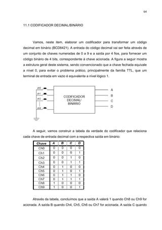 64



11.1 CODIFICADOR DECIMAL/BINÁRIO




      Vamos, neste item, elaborar um codificador para transformar um código
decimal em binário (BCD8421). A entrada do código decimal vai ser feita através de
um conjunto de chaves numeradas de 0 a 9 e a saída por 4 fios, para fornecer um
código binário de 4 bits, correspondente à chave acionada. A figura a seguir mostra
a estrutura geral deste sistema, sendo convencionado que a chave fechada equivale
a nível 0, para evitar o problema prático, principalmente da família TTL, que um
terminal de entrada em vazio é equivalente a nível lógico 1.




      A seguir, vamos construir a tabela da verdade do codificador que relaciona
cada chave de entrada decimal com a respectiva saída em binário:




      Através da tabela, concluímos que a saída A valerá 1 quando Ch8 ou Ch9 for
acionada. A saída B quando Ch4, Ch5, Ch6 ou Ch7 for acionada. A saída C quando
 