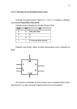 87



13.1.3.1 Flip-Flop JK com Entradas Preset e Clear




          O flip-flop JK poderá assumir valores Q = 1 ou Q = 0 mediante a utilização
das entradas Preset (PR) e Clear (CLR).
          A tabela resume a atuação das entradas Preset e Clear.




          Podemos, para facilitar, utilizar um bloco representativo como o mostrado na
figura.




          Os circuitos na simbologia do bloco indicam que as entradas Preset e Clear
são ativas em 0, ou seja, funcionam respectivamente com nível 0 aplicado.
 