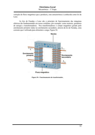 Eletrônica Geral
Mecatrônica – 1º Etapa
52
variação do fluxo magnético que a produziu, esta característica é conhecida como lei de
Lenz.
As leis de Faraday e Lenz são o princípio de funcionamento das máquinas
elétricas tão fundamentadas em nosso cotidiano, por exemplo: como motores, geradores
de energia e transformadores. Nos transformadores o campo magnético gerado pelo
enrolamento primário induz no enrolamento secundário, através da lei de Faraday, uma
corrente que é utilizada para alimentar a carga, Figura 54.
Figura 54 - Funcionamento do transformador.
 