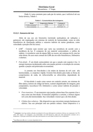 Eletrônica Geral
Mecatrônica – 1º Etapa
68
Onde k é uma constante para cada par de metais, que é utilizável até seu
limite térmico, Tabela 1.
Tabela 1 - Características dos termopares.
Metal Temperatura Máxima Constante k
Cobre-constantan3
375ºC 0.1mV/ ºC
Ferro-constantan 750ºC 0.0514mV/ ºC
13.2.2	
  -­‐	
  Sensores	
  de	
  Luz	
  
Além de seu uso em fotometria (incluindo analisadores de radiações e
químicos), são empregados em sistemas de controle de luminosidade, como os relés
fotoelétricos de iluminação pública e sensores indireto de outras grandezas, como
velocidade e posição (fim de curso).
• LDR4
- Consiste num resistor que varia sua resistência de acordo com a
incidência da luz. É composto de um material semicondutor, o sulfeto de
cádmio. A resistência varia de alguns MΩ, no escuro, até centenas de Ω, com luz
solar direta. Os usos mais comuns do LDR são em relés fotoelétricos, fotômetros
e alarmes;
• Foto-diodo - É um diodo semicondutor em que a junção está exposta à luz. A
energia luminosa incidentende sobre esta junção permite a circulação de corrente
quando a junção está polarizada reversamente.
A corrente nos foto-diodos é da ordem de dezenas de mA com alta
luminosidade, e a resposta é rápida. Existem foto-diodos para todas as faixas de
comprimentos de onda, do infravermelho ao ultravioleta, dependendo do
material.
O foto-diodo é usado como sensor em controle remoto, em sistemas de
fibra óptica, leitores de código de barras, scanner (digitalizador de imagens, para
computador), toca-discos CD, fotômetros e como sensor indireto de posição e
velocidade.
• Foto-transistor - É um transistor cuja junção coletor-base fica exposta à luz e
atua como um foto-diodo. O transistor amplifica a corrente, e fornece alguns
mA com alta luminosidade. Sua velocidade é menor que a do foto-diodo;
• Células foto-voltaicas - São dispositivos que convertem energia luminosa em
elétrica. Seu uso principal está nos painéis solares. Outro dispositivo é a
3
Constantan é uma liga metálica utilizada na produção de fios para fabricação de resistências elétricas sua composição é de 55%
cobre, 44% níquel e 1% manganês e sua resistividade é de 0,49 Ω.mm2
/m, sendo este valor praticamente constante com a
temperatura. A principal característica desta liga é precisamente ter resistividade invariável com a temperatura.
4
Light Dependent Resistor ou resistor dependente de luz.
 