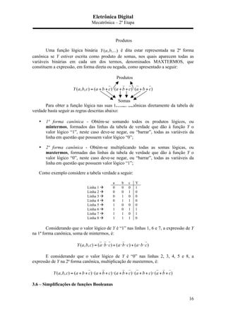 Eletrônica Digital
Mecatrônica – 2º Etapa
16
Uma função lógica binária ( , ,...)Y a b é dita estar representada na 2ª forma
canônica se Y estiver escrita como produto de somas, nos quais aparecem todas as
variáveis binárias em cada um dos termos, denominados MAXTERMOS, que
constituem a expressão, em forma direta ou negada, como apresentado a seguir:
( , , ) ( ) ( ) ( )Y a b c a b c a b c a b c= + + ⋅ + + ⋅ + +
Para obter a função lógica nas suas formas canônicas diretamente da tabela de
verdade basta seguir as regras descritas abaixo:
• 1ª forma canônica - Obtém-se somando todos os produtos lógicos, ou
mintermos, formados das linhas da tabela de verdade que dão à função Y o
valor lógico “1”, neste caso deve-se negar, ou “barrar”, todas as variáveis da
linha em questão que possuem valor lógico “0”;
• 2ª forma canônica - Obtém-se multiplicando todas as somas lógicas, ou
maxtermos, formadas das linhas da tabela de verdade que dão à função Y o
valor lógico “0”, neste caso deve-se negar, ou “barrar”, todas as variáveis da
linha em questão que possuem valor lógico “1”;
Como exemplo considere a tabela verdade a seguir:
a b c Y
Linha 1  0 0 0 1
Linha 2  0 0 1 0
Linha 3  0 1 0 0
Linha 4  0 1 1 0
Linha 5  1 0 0 0
Linha 6  1 0 1 1
Linha 7  1 1 0 1
Linha 8  1 1 1 0
Considerando que o valor lógico de Y é “1” nas linhas 1, 6 e 7, a expressão de Y
na 1ª forma canônica, soma de mintermos, é:
( , , ) ( ) ( ) ( )Y a b c a b c a b c a b c= ⋅ ⋅ + ⋅ ⋅ + ⋅ ⋅
E considerando que o valor lógico de Y é “0” nas linhas 2, 3, 4, 5 e 8, a
expressão de Y na 2ª forma canônica, multiplicação de maxtermos, é:
( , , ) ( ) ( ) ( ) ( ) ( )Y a b c a b c a b c a b c a b c a b c= + + ⋅ + + ⋅ + + ⋅ + + ⋅ + +
3.6 – Simplificações de funções Booleanas
Produtos
Produtos
s
Somas
 
