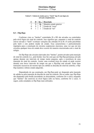 Eletrônica Digital
Mecatrônica – 2º Etapa
31
Tabela 9 - Tabela de estados para o "latch" tipo D com lógica de
ativação complementar.
C D Qt+1 Descrição
1 X Qt Mantém estado anterior
0 0 0 Estado de “reset”
0 1 1 Estado de “set”
8.3 – Flip-flops
Conforme visto os “latches” controlados D e RS são ativados ou controlados
pelo nível lógico do sinal de controle. Isso significa que, enquanto o sinal de controle
estiver ativado o “latch” eventuais variações das entradas D ou R e S serão percebidas
pelo latch e este poderá mudar de estado. Essa característica é particularmente
imprópria para a construção de circuitos seqüenciais síncronos, uma vez que em tais
circuitos qualquer troca de estado deve ocorrer de maneira sincronizada com o sinal de
relógio.
Os flip-flops são circuitos derivados dos “latches”, porém ativados pela transição
do sinal de controle (i.e., pela borda). Isso faz com que um flip-flop permaneça ativado
apenas durante um intervalo de tempo muito pequeno, após a ocorrência de uma
transição do sinal de controle. Assim, uma eventual troca de estado só pode ocorrer
durante esse breve intervalo de tempo em que o flip-flop está ativado. Entre duas
transições sucessivas do mesmo tipo (ou subida ou descida) do sinal de controle, o flip-
flop mantém o último estado adquirido.
Dependendo de sua construção, um flip-flop pode ser disparado pela transição
de subida ou pela transição de descida do sinal de controle. Diz-se então, que flip-flops
são disparados pela borda (ascendente ou descendente, conforme for o caso), enquanto
que “latches” são sensíveis ao nível lógico (alto ou baixo, conforme for o caso). A
seguir, serão estudados os flip-flops mais utilizados.
 
