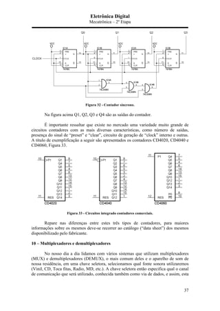 Eletrônica Digital
Mecatrônica – 2º Etapa
37
Figura 32 - Contador síncrono.
Na figura acima Q1, Q2, Q3 e Q4 são as saídas do contador.
É importante ressaltar que existe no mercado uma variedade muito grande de
circuitos contadores com as mais diversas características, como número de saídas,
presença do sinal de “preset” e “clear”, circuito de geração de “clock” interno e outras.
A título de exemplificação a seguir são apresentados os contadores CD4020, CD4040 e
CD4060, Figura 33.
Figura 33 - Circuitos integrado contadores comerciais.
Repare nas diferenças entre estes três tipos de contadores, para maiores
informações sobre os mesmos deve-se recorrer ao catálogo (“data sheet”) dos mesmos
disponibilizado pelo fabricante.
10 – Multiplexadores e demultiplexadores
No nosso dia a dia lidamos com vários sistemas que utilizam multiplexadores
(MUX) e demultiplexadores (DEMUX), o mais comum deles e o aparelho de som de
nossa residência, em uma chave seletora, selecionamos qual fonte sonora utilizaremos
(Vinil, CD, Toca fitas, Radio, MD, etc.). A chave seletora então especifica qual o canal
de comunicação que será utilizado, conhecida também como via de dados, e assim, esta
 