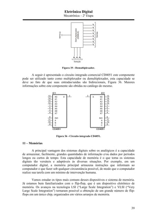 Eletrônica Digital
Mecatrônica – 2º Etapa
39
Figura 35 - Demultiplexador.
A seguir é apresentado o circuito integrado comercial CD4051 este componente
pode ser utilizado tanto como multiplexador ou demultiplexador, esta capacidade se
deve ao fato de que suas entradas/saídas são bidirecionais, Figura 36. Maiores
informações sobre este componente são obtidas no catálogo do mesmo.
Figura 36 - Circuito integrado CD4051.
11 – Memórias
A principal vantagem dos sistemas digitais sobre os analógicos é a capacidade
de armazenar, facilmente, grandes quantidades de informação e/ou dados por períodos
longos ou curtos de tempo. Esta capacidade de memória é o que torna os sistemas
digitais tão versáteis e adaptáveis às diversas situações. Por exemplo, em um
computador digital, a memória principal armazena instruções que informam ao
computador o que fazer sob qualquer circunstância possível, de modo que o computador
realize sua tarefa com um mínimo de intervenção humana.
Vamos estudar os tipos mais comuns desses dispositivos e sistema de memória.
Já estamos bem familiarizados com o flip-flop, que é um dispositivo eletrônico de
memória. Os avanços na tecnologia LSI (“Large Scale Integration”) e VLSI (“Very
Large Scale Integration”) tornaram possível a obtenção de um grande número de flip-
flops em um único chip, organizados em vários arranjos de memória.
 