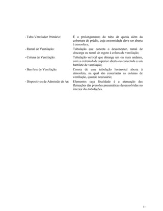 11
- Tubo Ventilador Primário: É o prolongamento do tubo de queda além da
cobertura do prédio, cuja extremidade deve ser aberta
à atmosfera;
- Ramal de Ventilação: Tubulação que conecta o desconector, ramal de
descarga ou ramal de esgoto à coluna de ventilação;
- Coluna de Ventilação: Tubulação vertical que abrange um ou mais andares,
com a extremidade superior aberta ou conectada a um
barrilete de ventilação;
- Barrilete de Ventilação: Consta de uma tubulação horizontal aberta à
atmosfera, na qual são conectadas as colunas de
ventilação, quando necessário;
- Dispositivos de Admissão de Ar: Elementos cuja finalidade é a atenuação das
flutuações das pressões pneumáticas desenvolvidas no
interior das tubulações.
 