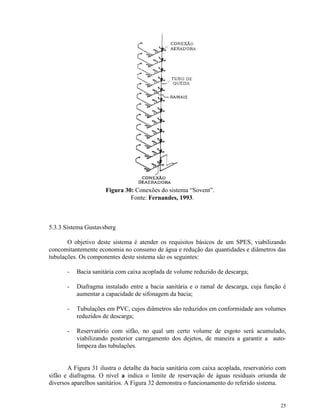 25
Figura 30: Conexões do sistema “Sovent”.
Fonte: Fernandes, 1993.
5.3.3 Sistema Gustavsberg
O objetivo deste sistema é atender os requisitos básicos de um SPES, viabilizando
concomitantemente economia no consumo de água e redução das quantidades e diâmetros das
tubulações. Os componentes deste sistema são os seguintes:
- Bacia sanitária com caixa acoplada de volume reduzido de descarga;
- Diafragma instalado entre a bacia sanitária e o ramal de descarga, cuja função é
aumentar a capacidade de sifonagem da bacia;
- Tubulações em PVC, cujos diâmetros são reduzidos em conformidade aos volumes
reduzidos de descarga;
- Reservatório com sifão, no qual um certo volume de esgoto será acumulado,
viabilizando posterior carregamento dos dejetos, de maneira a garantir a auto-
limpeza das tubulações.
A Figura 31 ilustra o detalhe da bacia sanitária com caixa acoplada, reservatório com
sifão e diafragma. O nível a indica o limite de reservação de águas residuais oriunda de
diversos aparelhos sanitários. A Figura 32 demonstra o funcionamento do referido sistema.
 