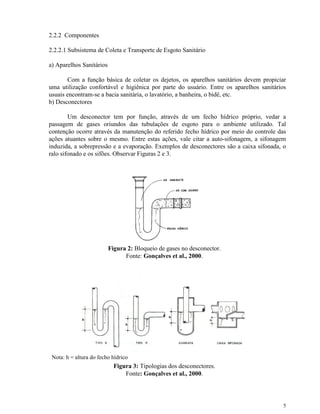 5
2.2.2 Componentes
2.2.2.1 Subsistema de Coleta e Transporte de Esgoto Sanitário
a) Aparelhos Sanitários
Com a função básica de coletar os dejetos, os aparelhos sanitários devem propiciar
uma utilização confortável e higiênica por parte do usuário. Entre os aparelhos sanitários
usuais encontram-se a bacia sanitária, o lavatório, a banheira, o bidê, etc.
b) Desconectores
Um desconector tem por função, através de um fecho hídrico próprio, vedar a
passagem de gases oriundos das tubulações de esgoto para o ambiente utilizado. Tal
contenção ocorre através da manutenção do referido fecho hídrico por meio do controle das
ações atuantes sobre o mesmo. Entre estas ações, vale citar a auto-sifonagem, a sifonagem
induzida, a sobrepressão e a evaporação. Exemplos de desconectores são a caixa sifonada, o
ralo sifonado e os sifões. Observar Figuras 2 e 3.
Figura 2: Bloqueio de gases no desconector.
Fonte: Gonçalves et al., 2000.
Nota: h = altura do fecho hídrico
Figura 3: Tipologias dos desconectores.
Fonte: Gonçalves et al., 2000.
 