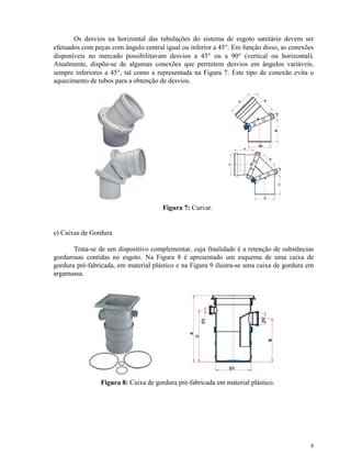 8
Os desvios na horizontal das tubulações do sistema de esgoto sanitário devem ser
efetuados com peças com ângulo central igual ou inferior a 45°. Em função disso, as conexões
disponíveis no mercado possibilitavam desvios a 45° ou a 90° (vertical ou horizontal).
Atualmente, dispõe-se de algumas conexões que permitem desvios em ângulos variáveis,
sempre inferiores a 45°, tal como a representada na Figura 7. Este tipo de conexão evita o
aquecimento de tubos para a obtenção de desvios.
Figura 7: Curvar.
e) Caixas de Gordura
Trata-se de um dispositivo complementar, cuja finalidade é a retenção de substâncias
gordurosas contidas no esgoto. Na Figura 8 é apresentado um esquema de uma caixa de
gordura pré-fabricada, em material plástico e na Figura 9 ilustra-se uma caixa de gordura em
argamassa.
Figura 8: Caixa de gordura pré-fabricada em material plástico.
 