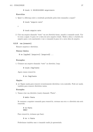 6.3. COMANDOS 27
$ touch -t 201301010000 arquivonovo
Exerc´ıcios
1. Qual ´e a diferen¸ca entre o resultado produzido pelos dois comandos a seguir?
$ touch "arquivo novo"
e
$ touch arquivo novo
2. Crie um arquivo chamado “teste” em seu diret´orio home, usando o comando touch. Use
ls (com a op¸c˜ao -l) para ver a data do novo arquivo criado. Mude a data e o hor´ario do
arquivo para o seu nascimento e use o comando ls para ver a nova data do arquivo.
6.3.9 rm (remove)
Remove arquivos e diret´orios.
Sintaxe b´asica:
$ rm [op¸c~oes] [arquivo1] [arquivo2] ...
Exemplos:
1. Criamos um arquivo chamado “teste” no diret´orio /tmp:
$ touch /tmp/teste
Agora vamos removˆe-lo:
$ rm /tmp/teste
Op¸c˜oes
ˆ -r: Op¸c˜ao usada para remover recursivamente diret´orios e seu conte´udo. Pode ser usada
tamb´em para remover diret´orios vazios.
Exemplos
1. Vamos criar um diret´orio (vazio) chamado “Pasta”.
$ mkdir Pasta
Se usarmos o seguinte comando para removˆe-lo, veremos um erro e o diret´orio n˜ao ser´a
removido:
$ rm Pasta
ERRO!
Para removˆe-lo, ter´ıamos que fazer:
$ rm -r Pasta
Poder´ıamos tamb´em usar o comando rmdir j´a apresentado.
 