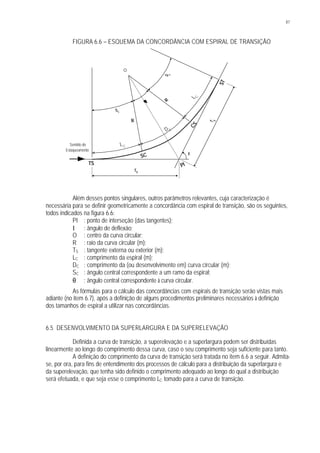 87
FIGURA 6.6 – ESQUEMA DA CONCORDÂNCIA COM ESPIRAL DE TRANSIÇÃO
Além desses pontos singulares, outros parâmetros relevantes, cuja caracterização é
necessária para se definir geometricamente a concordância com espiral de transição, são os seguintes,
todos indicados na figura 6.6:
PI : ponto de interseção (das tangentes);
I : ângulo de deflexão;
O : centro da curva circular;
R : raio da curva circular (m);
TS : tangente externa ou exterior (m);
LC : comprimento da espiral (m);
DC : comprimento da (ou desenvolvimento em) curva circular (m);
SC : ângulo central correspondente a um ramo da espiral;
θ : ângulo central correspondente à curva circular.
As fórmulas para o cálculo das concordâncias com espirais de transição serão vistas mais
adiante (no item 6.7), após a definição de alguns procedimentos preliminares necessários à definição
dos tamanhos de espiral a utilizar nas concordâncias.
6.5 DESENVOLVIMENTO DA SUPERLARGURA E DA SUPERELEVAÇÃO
Definida a curva de transição, a superelevação e a superlargura podem ser distribuídas
linearmente ao longo do comprimento dessa curva, caso o seu comprimento seja suficiente para tanto.
A definição do comprimento da curva de transição será tratada no item 6.6 a seguir. Admita-
se, por ora, para fins de entendimento dos processos de cálculo para a distribuição da superlargura e
da superelevação, que tenha sido definido o comprimento adequado ao longo do qual a distribuição
será efetuada, e que seja esse o comprimento LC tomado para a curva de transição.
TS
SC
CS
ST
O
I
PI
TS
Sc
θθ
S
c
R
R
T
S
Sentido do
Estaqueamento
LC
L
C
D C
 