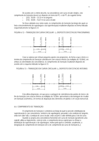 93
De acordo com o critério descrito, na concordância com curva circular simples, este
comprimento de transição deverá ser disposto em torno do PC1 e do PT1 da seguinte forma:
§ (2/3) . 50,00 = 33,33 m na tangente;
§ (1/3) . 50,00 = 16,67 m na curva circular.
Se fosse adotado esse rateio exato, os comprimentos de transição (ao longo dos quais se
faria o desenvolvimento da superlargura e da superelevação) resultariam dispostos na forma indicada
esquematicamente na figura 6.12.
FIGURA 6.12 – TRANSIÇÃO EM CURVA CIRCULAR : LC DISPOSTO EM ESTACAS FRACIONÁRIAS
Caso se optasse por efetuar pequenos ajustes nas proporções, de forma a que o início e o
término do comprimento de transição coincidissem com estacas inteiras (ou múltiplas de 10,00m), em
ambas as extremidades da concordância, os comprimentos de transição resultariam dispostos de
acordo com o esquema indicado na figura 6.13.
FIGURA 6.13 – TRANSIÇÃO EM CURVA CIRCULAR: LC DISPOSTO EM ESTACAS INTEIRAS
Esta última disposição, em que pese a vantagem de coincidência dos pontos de início e de
fim da transição com estacas inteiras ou múltiplas de 10,00m, apresentaria a desvantagem de resultar
em transição assimétrica, em termos de disposição dos elementos em planta e em seção transversal.
6.6 COMPRIMENTO DE TRANSIÇÃO
O comprimento de transição é a distância ao longo da qual se procede à distribuição da
superelevação (e, por conveniência, também à da superlargura), passando -a da condição de tangente,
onde tem valor nulo, à condição de curva circular, onde assume o valor definido para o raio da curva.
Quando se projeta uma concordância horizontal com curva de transição (geralmente uma
espiral), utiliza-se logicamente, como já visto, o comprimento dessa espiral para se efetuar a
distribuição da superelevação e da superlargura, motivo pelo qual se confunde, usualmente, a
designação de comprimento de transição com a de comprimento da curva de transição (LC).
PC1=4+7,88m
PT1=8+18,68m
2+14,55m
5+4,55m
8+2,01m
10+12,01m
33,33m 16,67m
50,00m 50,00m
33,33m16,67m
PC1=4+7,88m
PT1=8+18,68m
2+10,00m
5+4,55m
37,88m 12,12m
50,00m
8+0,00m
10+10,00m
50,00m
31,32m18,68m
 