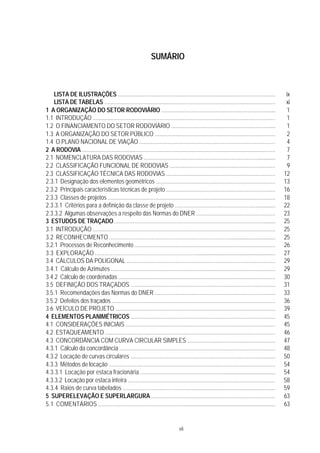 vii
SUMÁRIO
LISTA DE ILUSTRAÇÕES .......................................................................................................... ix
LISTA DE TABELAS ................................................................................................................... xi
1 A ORGANIZAÇÃO DO SETOR RODOVIÁRIO ............................................................................ 1
1.1 INTRODUÇÃO ........................................................................................................................... 1
1.2 O FINANCIAMENTO DO SETOR RODOVIÁRIO ...................................................................... 1
1.3 A ORGANIZAÇÃO DO SETOR PÚBLICO ................................................................................. 2
1.4 O PLANO NACIONAL DE VIAÇÃO ........................................................................................... 4
2 A RODOVIA .................................................................................................................................. 7
2.1 NOMENCLATURA DAS RODOVIAS ......................................................................................... 7
2.2 CLASSIFICAÇÃO FUNCIONAL DE RODOVIAS ....................................................................... 9
2.3 CLASSIFICAÇÃO TÉCNICA DAS RODOVIAS ......................................................................... 12
2.3.1 Designação dos elementos geométricos ................................................................................ 13
2.3.2 Principais características técnicas de projeto ......................................................................... 16
2.3.3 Classes de projetos ................................................................................................................. 18
2.3.3.1 Critérios para a definição da classe de projeto .................................................................... 22
2.3.3.2 Algumas observações a respeito das Normas do DNER ..................................................... 23
3 ESTUDOS DE TRAÇADO ............................................................................................................ 25
3.1 INTRODUÇÃO ........................................................................................................................... 25
3.2 RECONHECIMENTO ................................................................................................................. 25
3.2.1 Processos de Reconhecimento ............................................................................................... 26
3.3 EXPLORAÇÃO ........................................................................................................................... 27
3.4 CÁLCULOS DA POLIGONAL .................................................................................................... 29
3.4.1 Cálculo de Azimutes ................................................................................................................ 29
3.4.2 Cálculo de coordenadas .......................................................................................................... 30
3.5 DEFINIÇÃO DOS TRAÇADOS .................................................................................................. 31
3.5.1 Recomendações das Normas do DNER ................................................................................. 33
3.5.2 Defeitos dos traçados .............................................................................................................. 36
3.6 VEÍCULO DE PROJETO ............................................................................................................ 39
4 ELEMENTOS PLANIMÉTRICOS ................................................................................................. 45
4.1 CONSIDERAÇÕES INICIAIS ..................................................................................................... 45
4.2 ESTAQUEAMENTO ................................................................................................................... 46
4.3 CONCORDÂNCIA COM CURVA CIRCULAR SIMPLES ........................................................... 47
4.3.1 Cálculo da concordância ......................................................................................................... 48
4.3.2 Locação de curvas circulares .................................................................................................. 50
4.3.3 Métodos de locação ................................................................................................................ 54
4.3.3.1 Locação por estaca fracionária ............................................................................................ 54
4.3.3.2 Locação por estaca inteira ................................................................................................... 58
4.3.4 Raios de curva tabelados ........................................................................................................ 59
5 SUPERELEVAÇÃO E SUPERLARGURA ................................................................................... 63
5.1 COMENTÁRIOS ......................................................................................................................... 63
 
